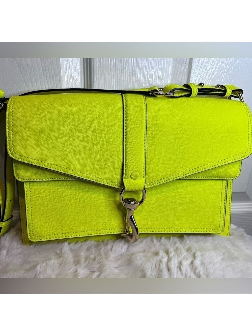 REBECCA MINKOFF HUDSON MOTO LEATHER NEON MARIGOLD BAG - Picture 3 of 16